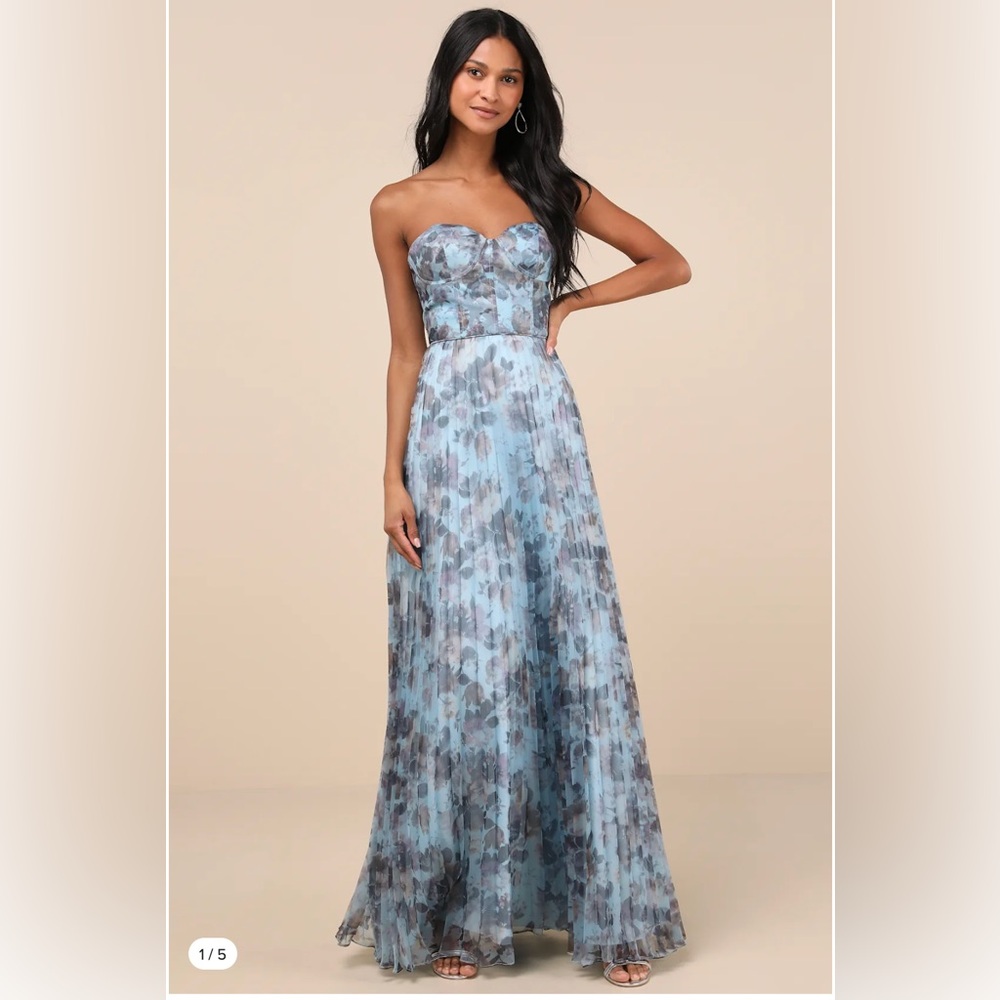 NWT Lulus Most Beautiful Day Blue Multi Floral Print Organza Maxi Dress - Size S